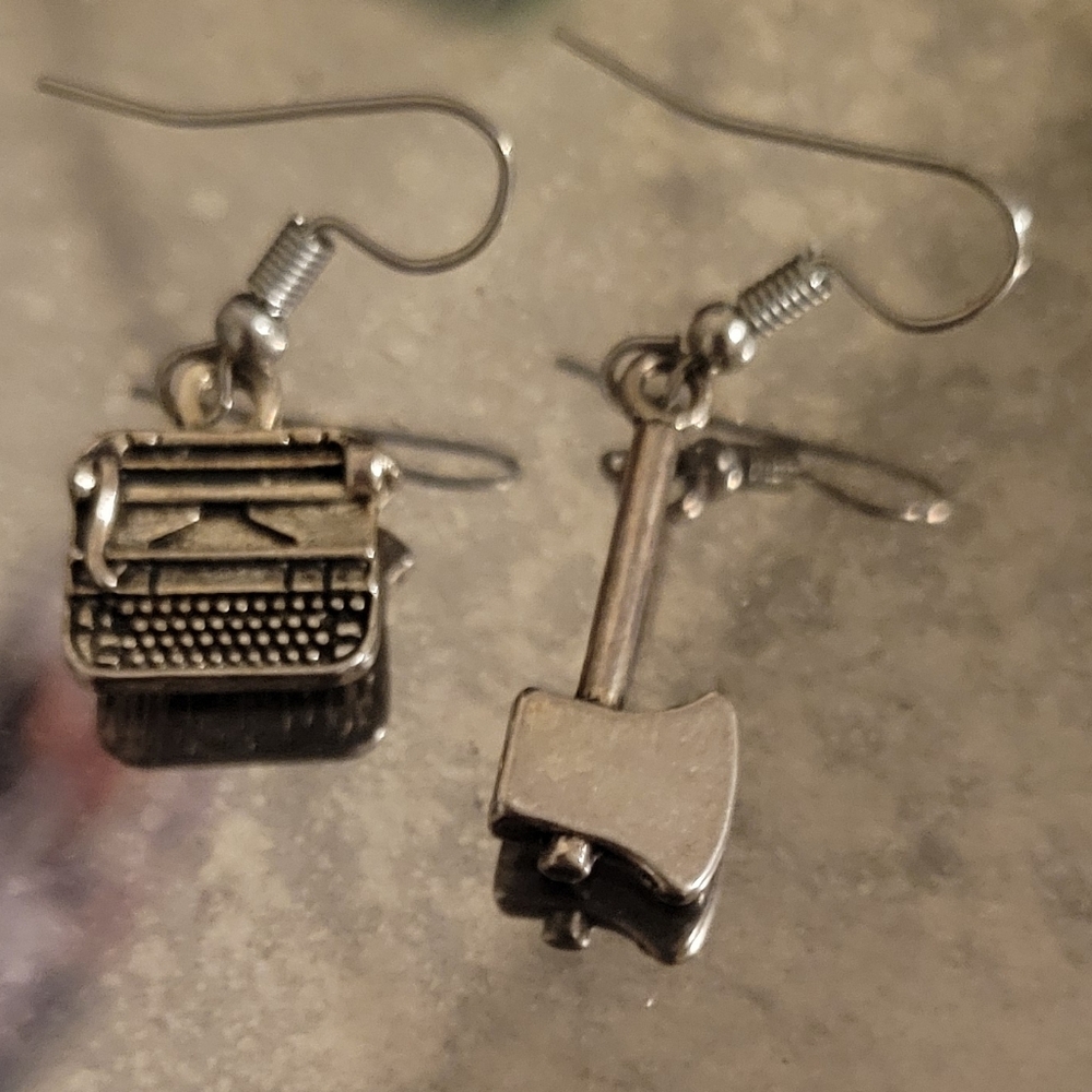 Silver Shining Theme Typewriter and Axe Earrings